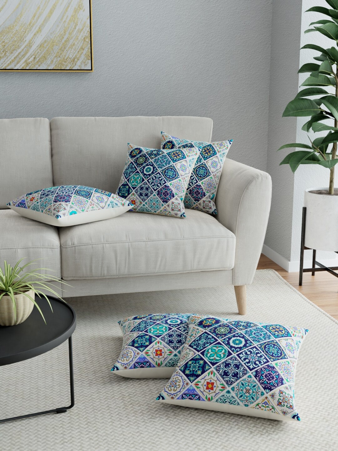 

LA VERNE Blue & White Set of 5 Ethnic Motifs Square Cushion Covers