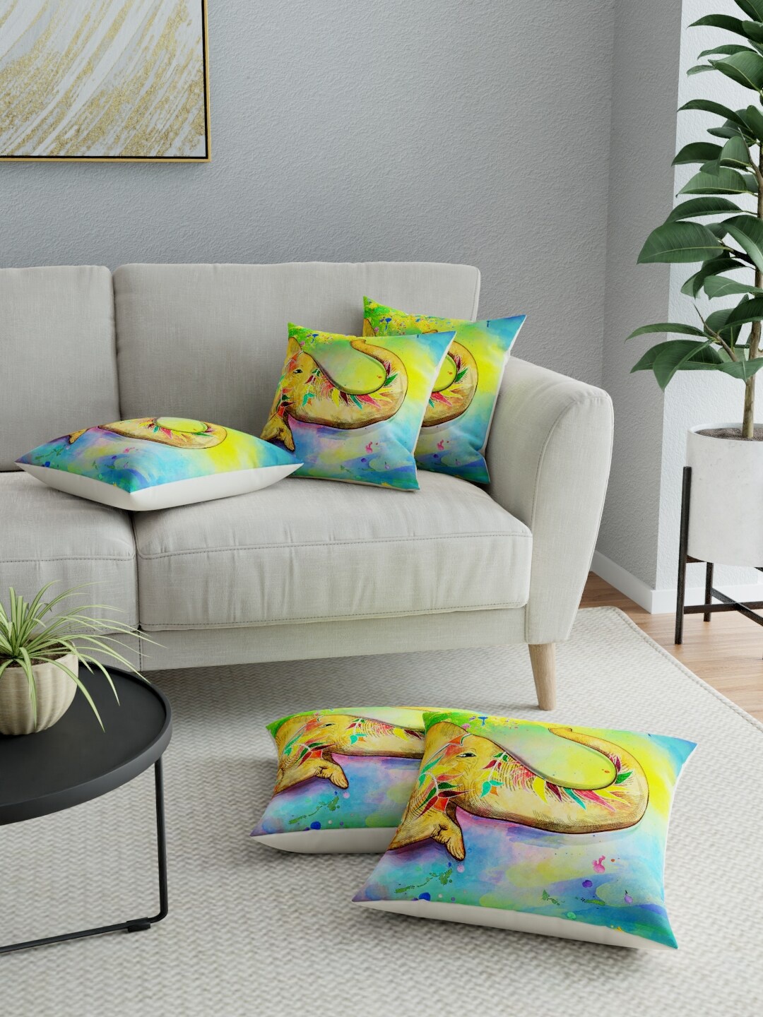 

LA VERNE Yellow & Blue Set of 5 Ethnic Motifs Square Cushion Covers