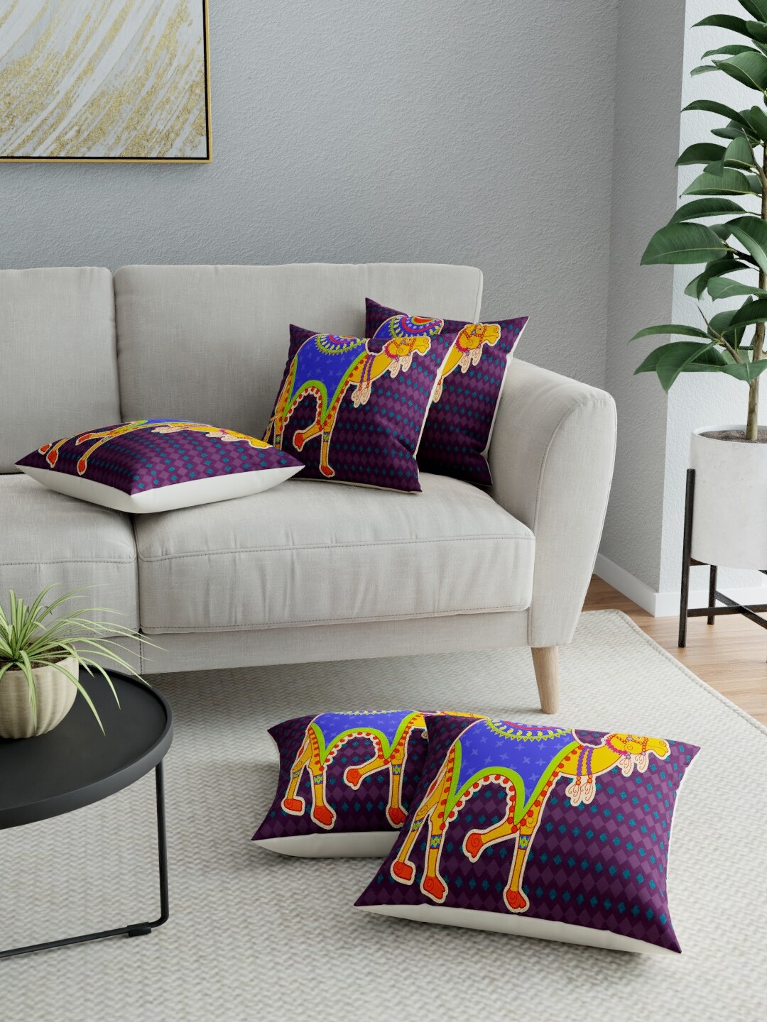 

LA VERNE Purple & Blue Set of 5 Ethnic Motifs Square Cushion Covers