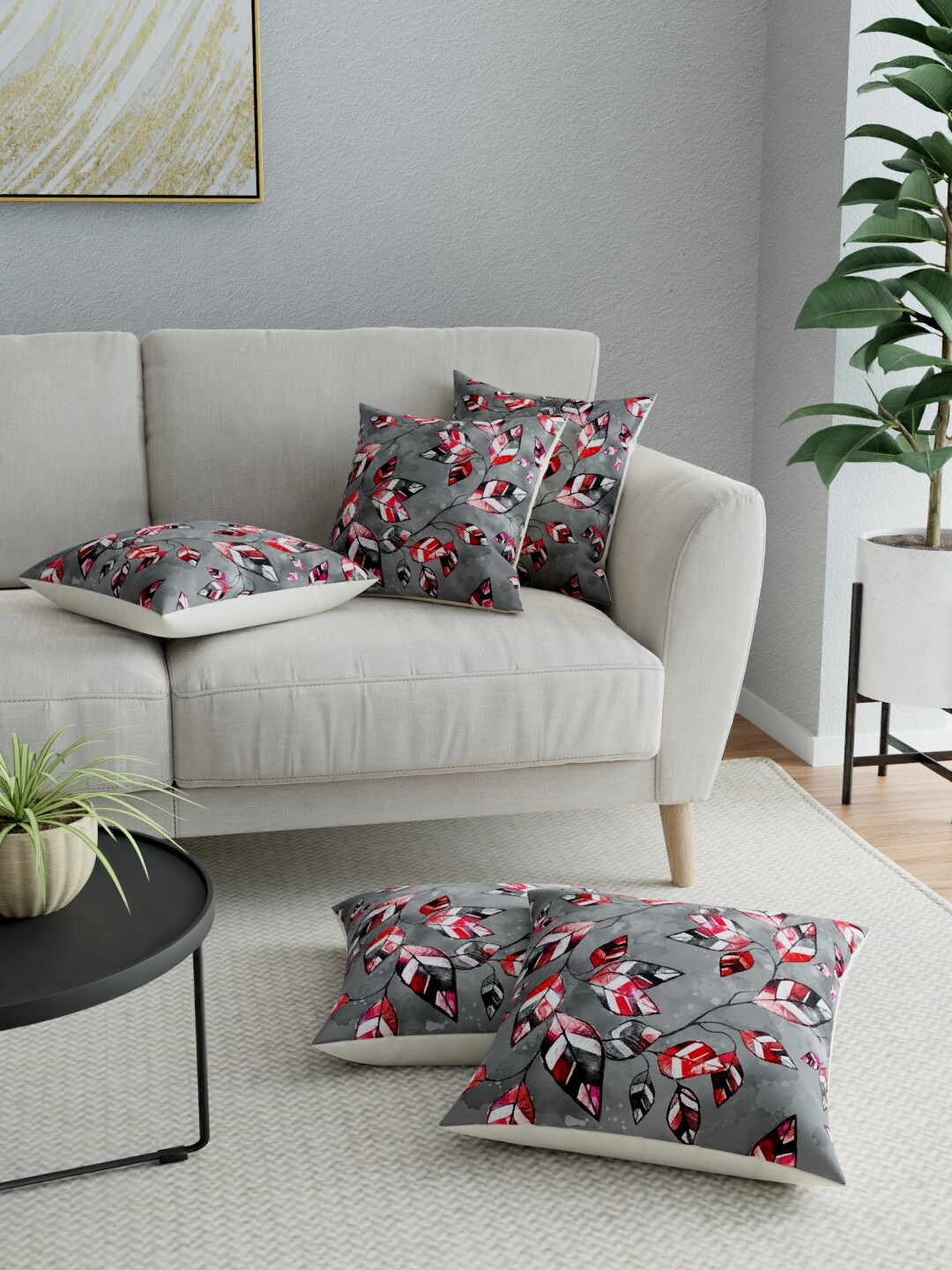 

LA VERNE Grey & Red Set of 5 Floral Square Cushion Covers