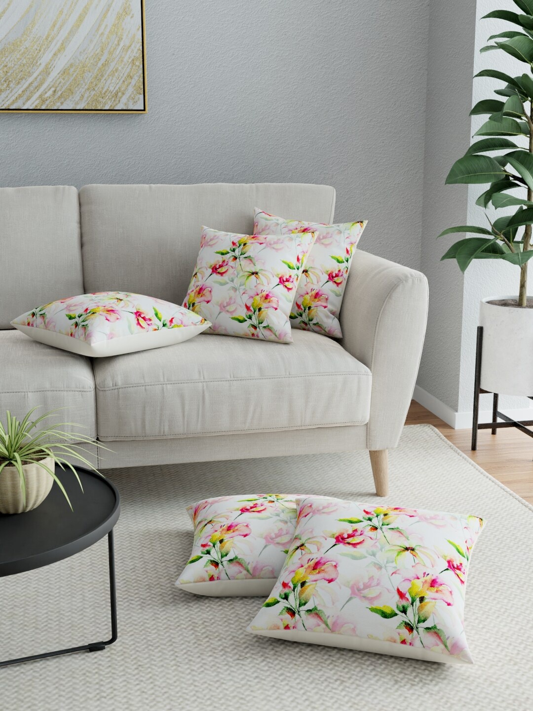 

LA VERNE White & Pink Set of 5 Floral Square Cushion Covers