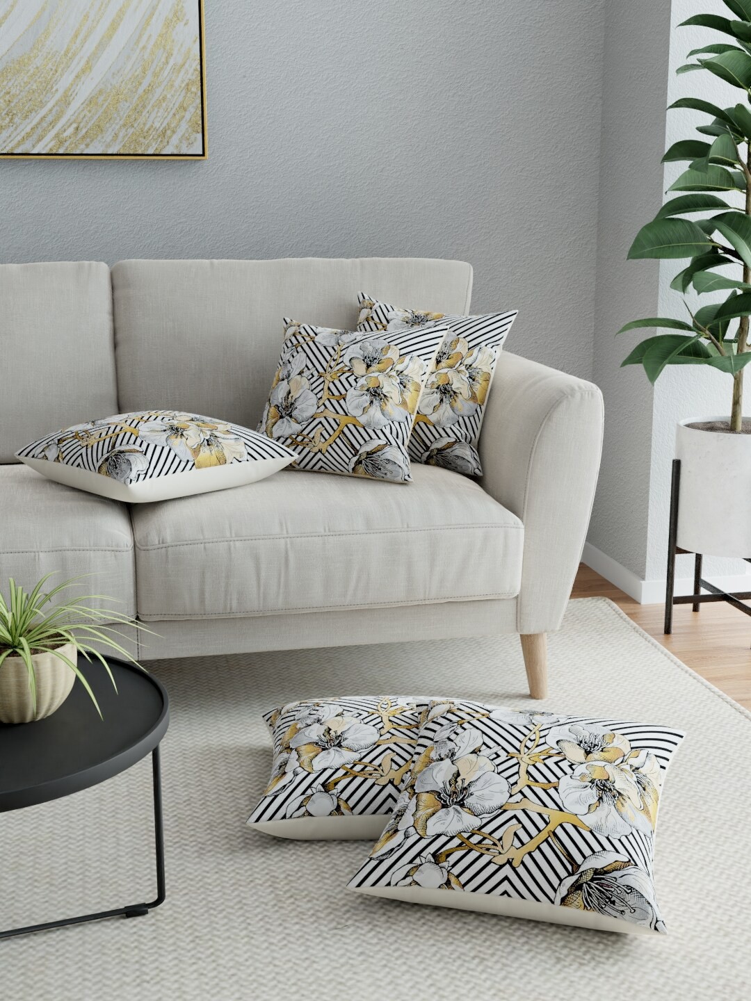 

LA VERNE Black & White Set of 5 Floral Square Cushion Covers