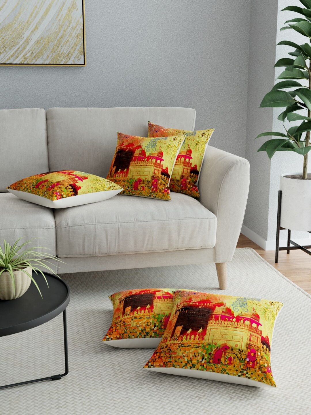 

LA VERNE Yellow & Red Set of 5 Ethnic Motifs Square Cushion Covers