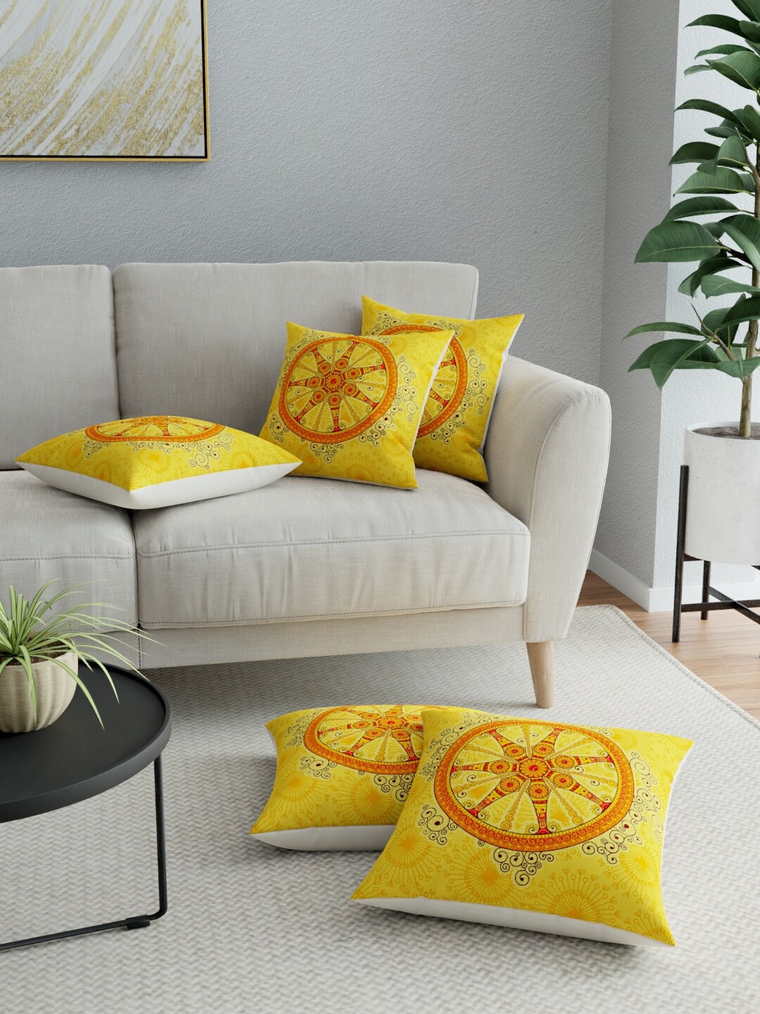 

LA VERNE Yellow & Red Set of 5 Ethnic Motifs Square Cushion Covers