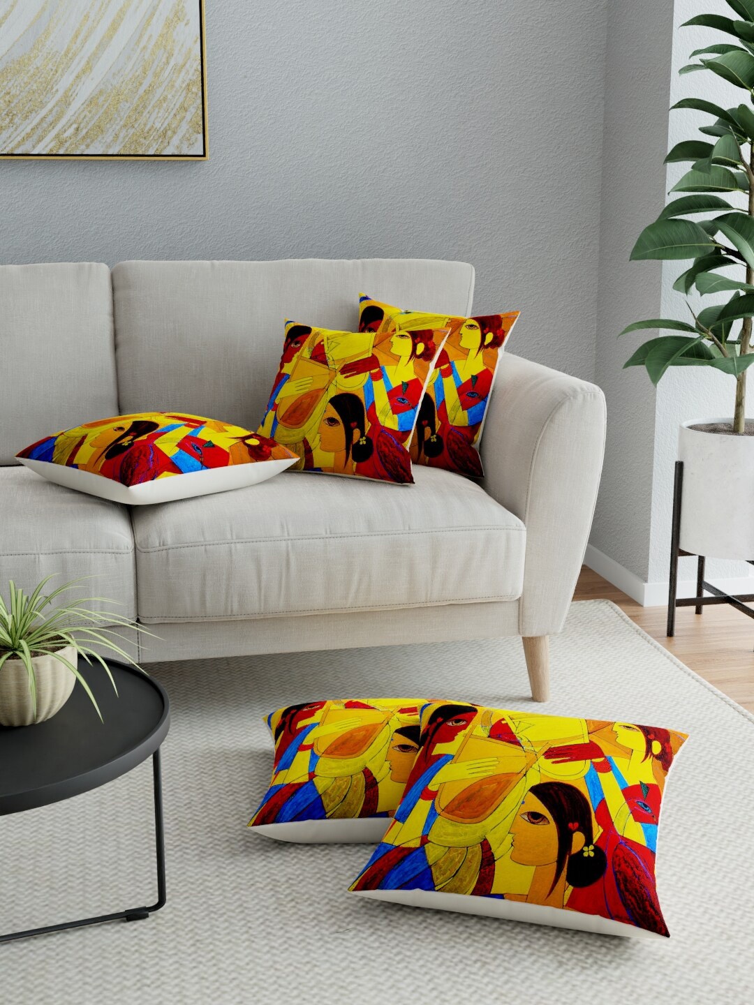 

LA VERNE Red & Yellow Set of 5 Ethnic Motifs Square Cushion Covers