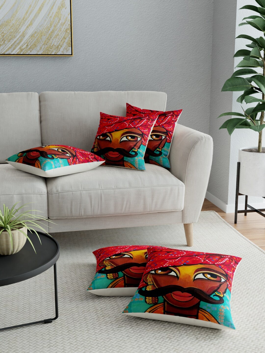 

LA VERNE Red & Blue Set of 5 Ethnic Motifs Square Cushion Covers