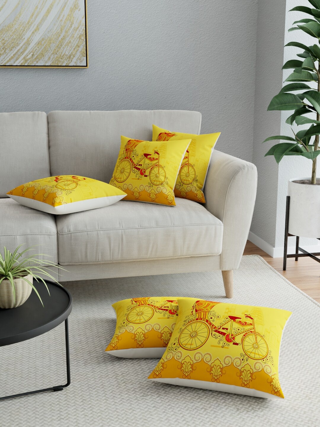 

LA VERNE Yellow & Red Set of 5 Ethnic Motifs Square Cushion Covers