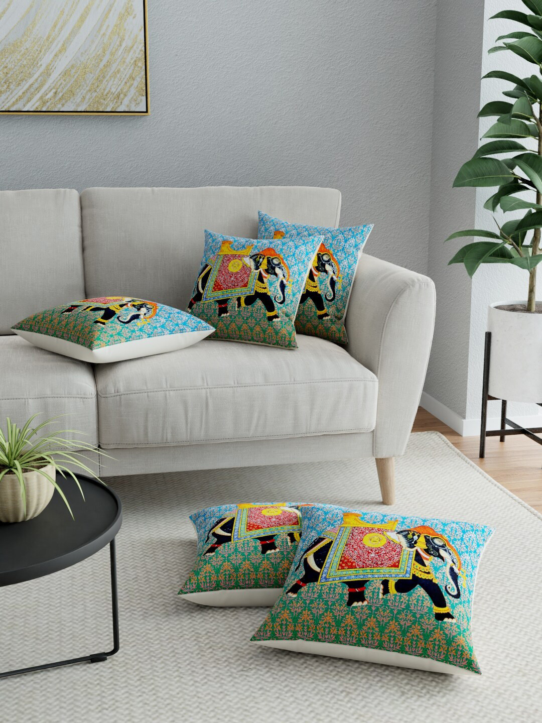 

LA VERNE Blue & Green Set of 5 Ethnic Motifs Square Cushion Covers