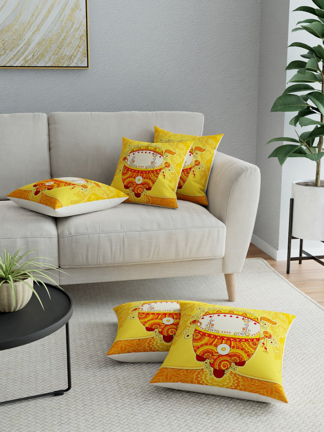 

LA VERNE Yellow & Red Set of 5 Ethnic Motifs Square Cushion Covers