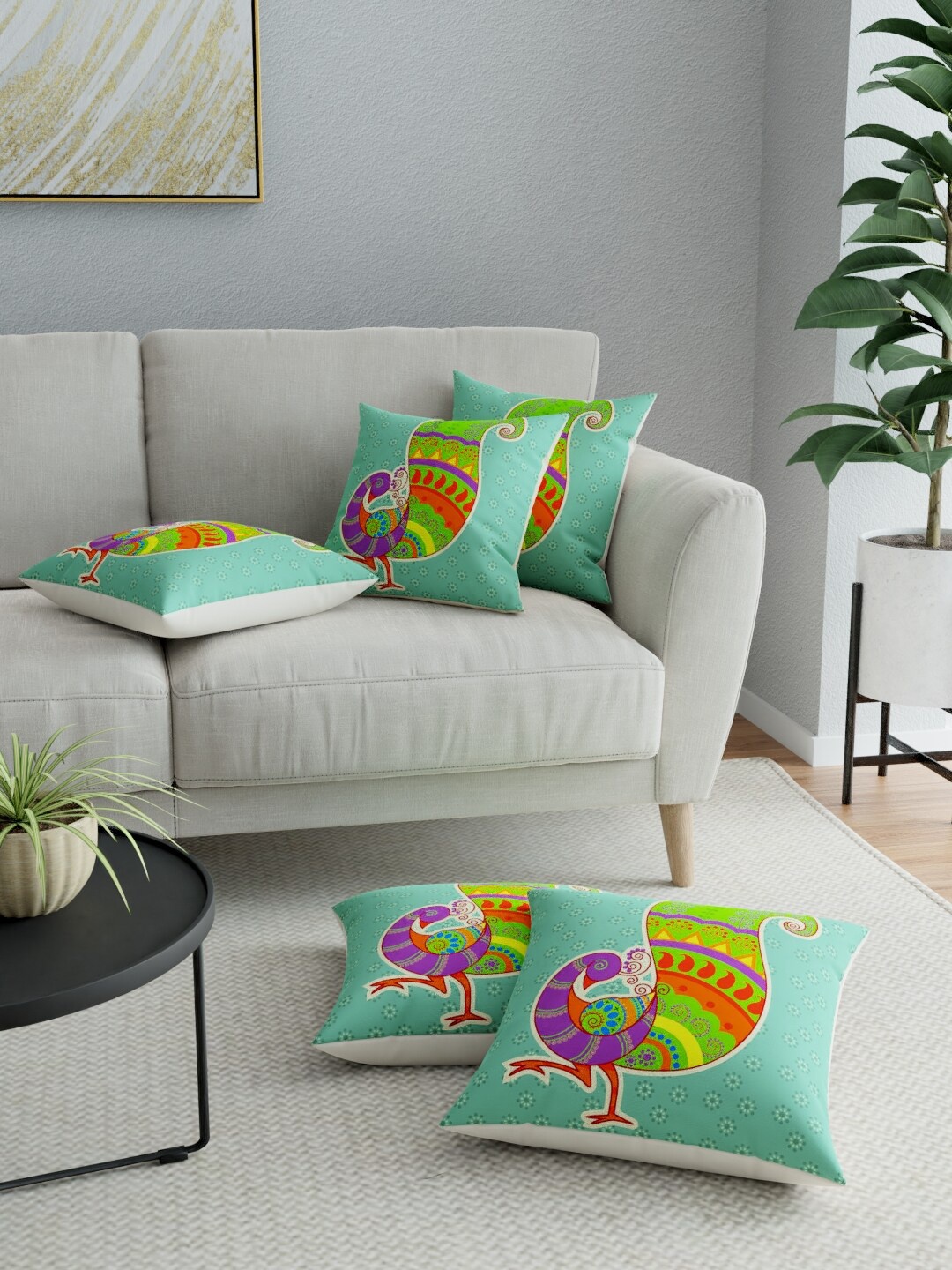 

LA VERNE Blue & Green Set of 5 Ethnic Motifs Square Cushion Covers