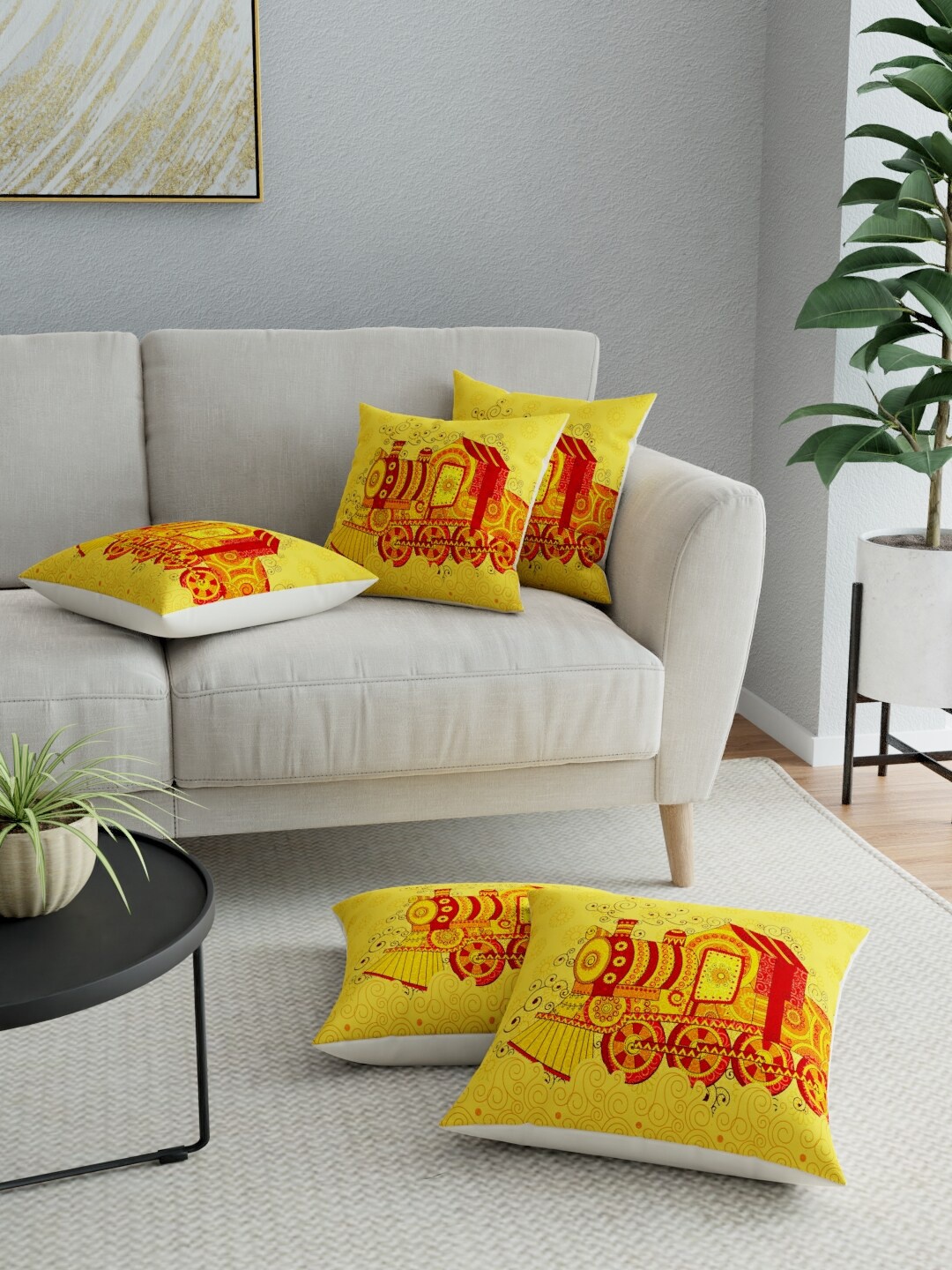 

LA VERNE Yellow & Red Set of 5 Ethnic Motifs Square Cushion Covers