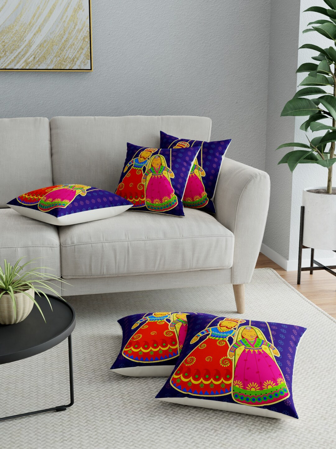 

LA VERNE Blue & Red Set of 5 Ethnic Motifs Square Cushion Covers