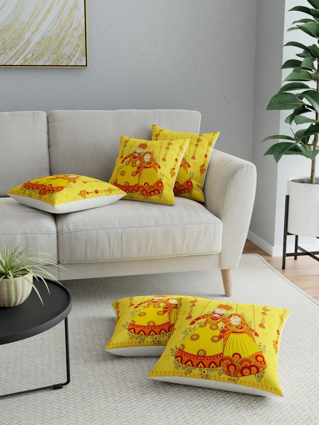 

LA VERNE Mustard & Maroon Set of 5 Ethnic Motifs Square Cushion Covers