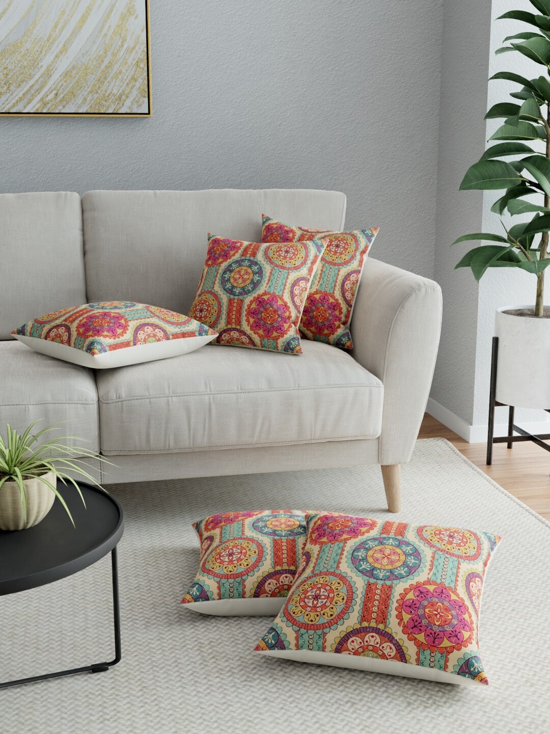 

LA VERNE Pink & Blue Set of 5 Ethnic Motifs Square Cushion Covers