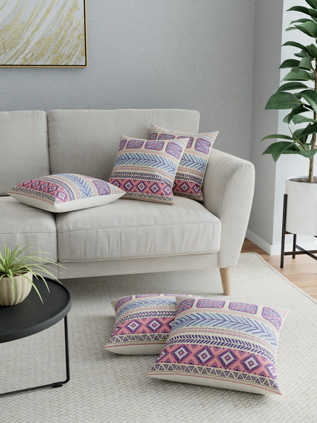

LA VERNE Pink & Blue Set of 5 Ethnic Motifs Square Cushion Covers