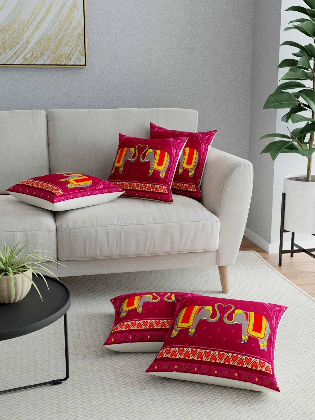 

LA VERNE Maroon & Grey Set of 5 Ethnic Motifs Square Cushion Covers