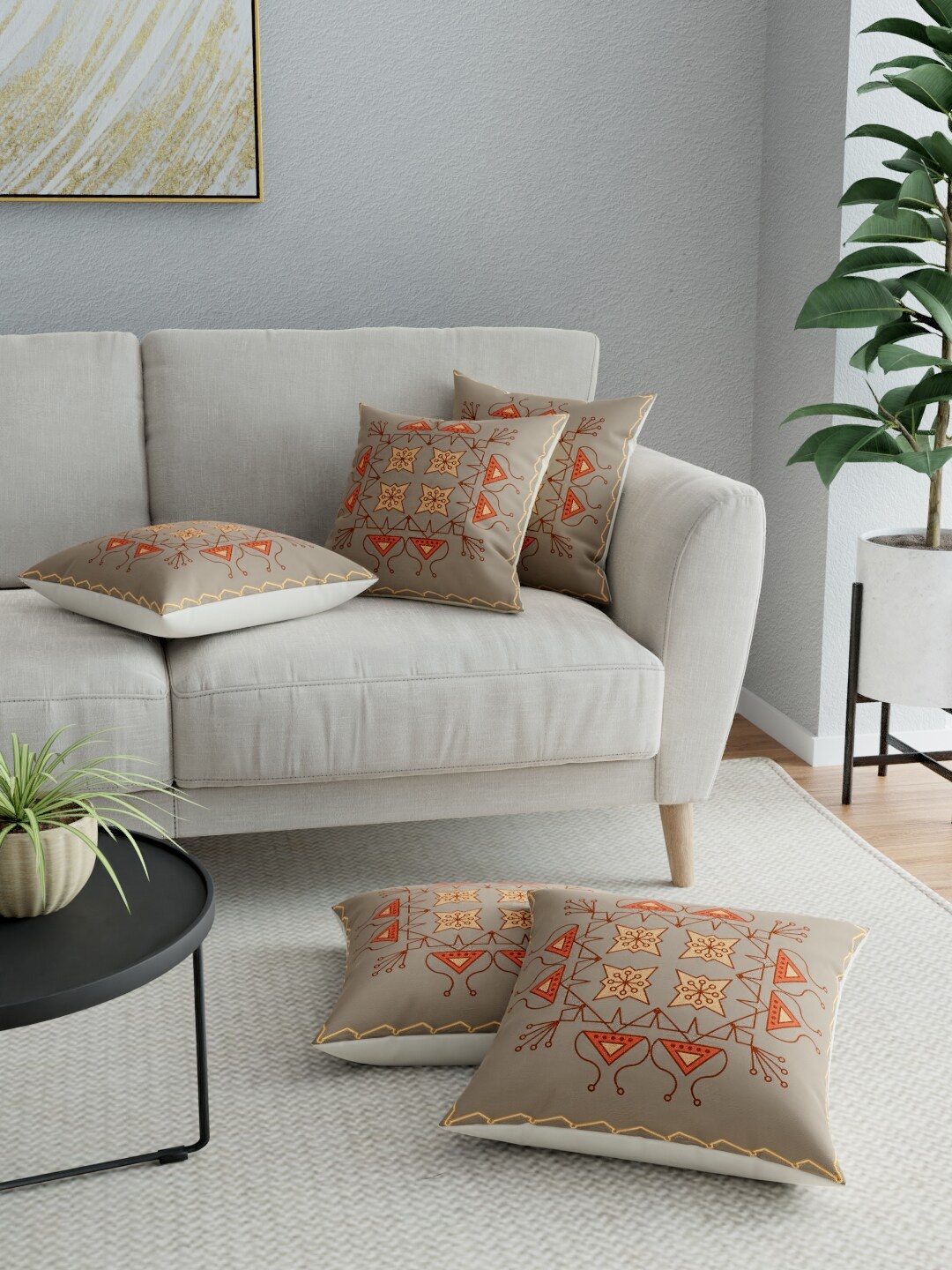 

LA VERNE Grey & Red Set of 5 Ethnic Motifs Square Cushion Covers