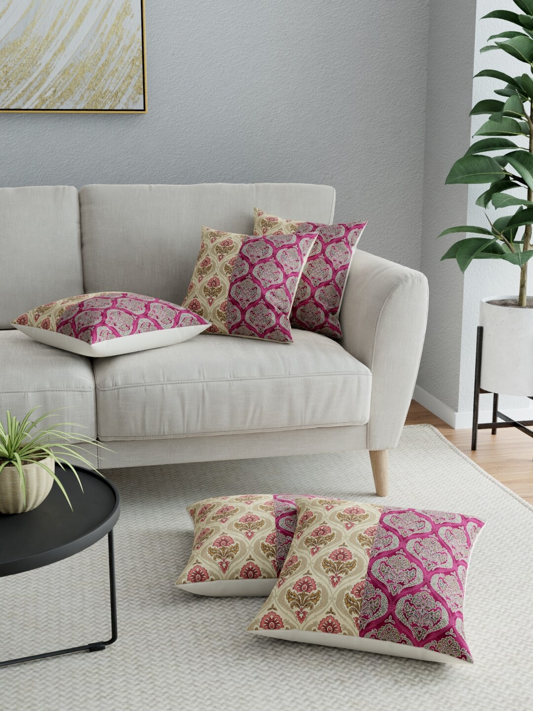 

LA VERNE White & Pink Set of 5 Ethnic Motifs Square Cushion Covers