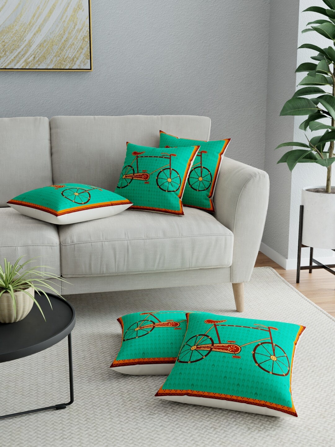 

LA VERNE Green & Red Set of 5 Ethnic Motifs Square Cushion Covers