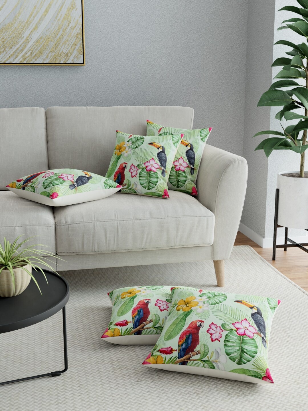 

LA VERNE Green & Pink Set of 5 Floral Square Cushion Covers