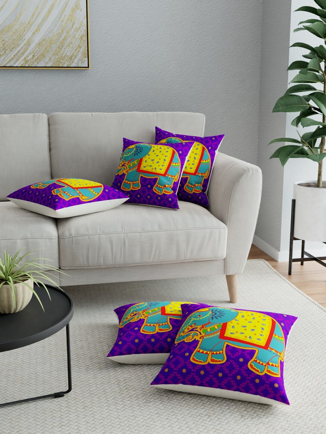 

LA VERNE Purple & Blue Set of 5 Ethnic Motifs Square Cushion Covers