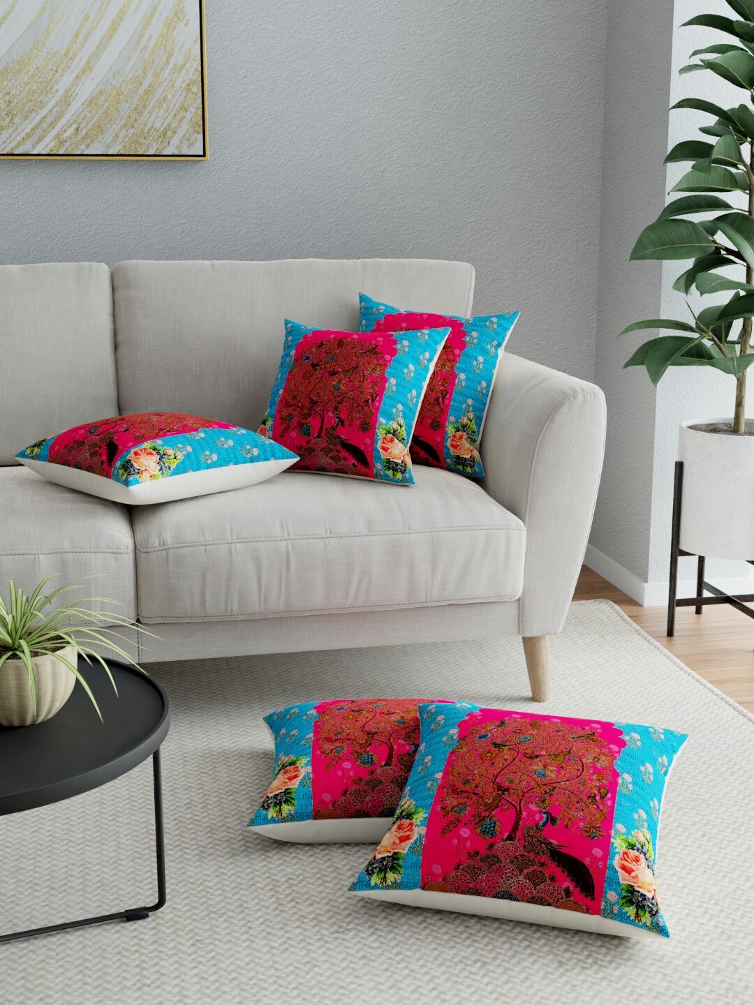 

LA VERNE Red & Blue Set of 5 Floral Square Cushion Covers