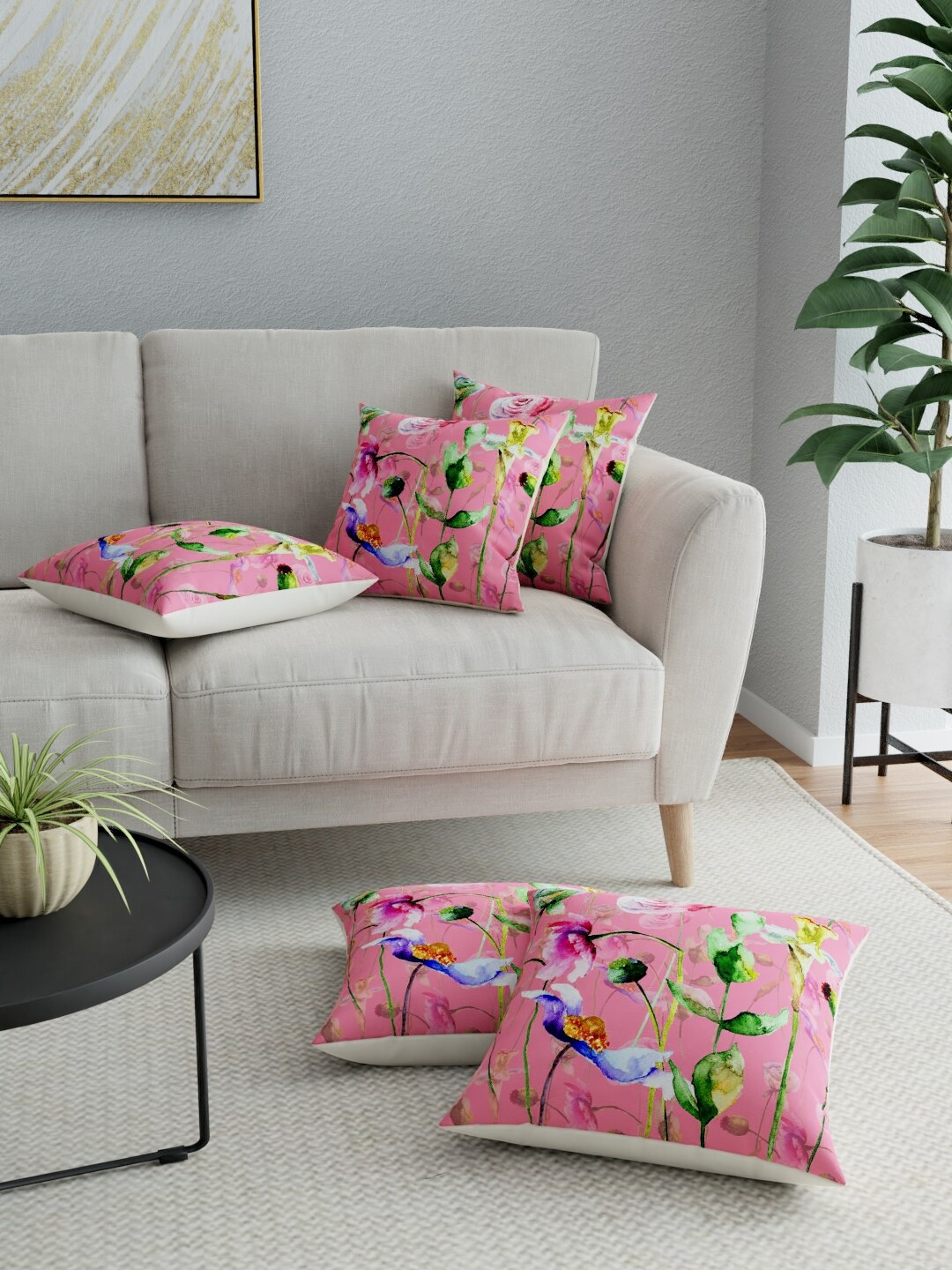 

LA VERNE Pink & Green Set of 5 Floral Square Cushion Covers