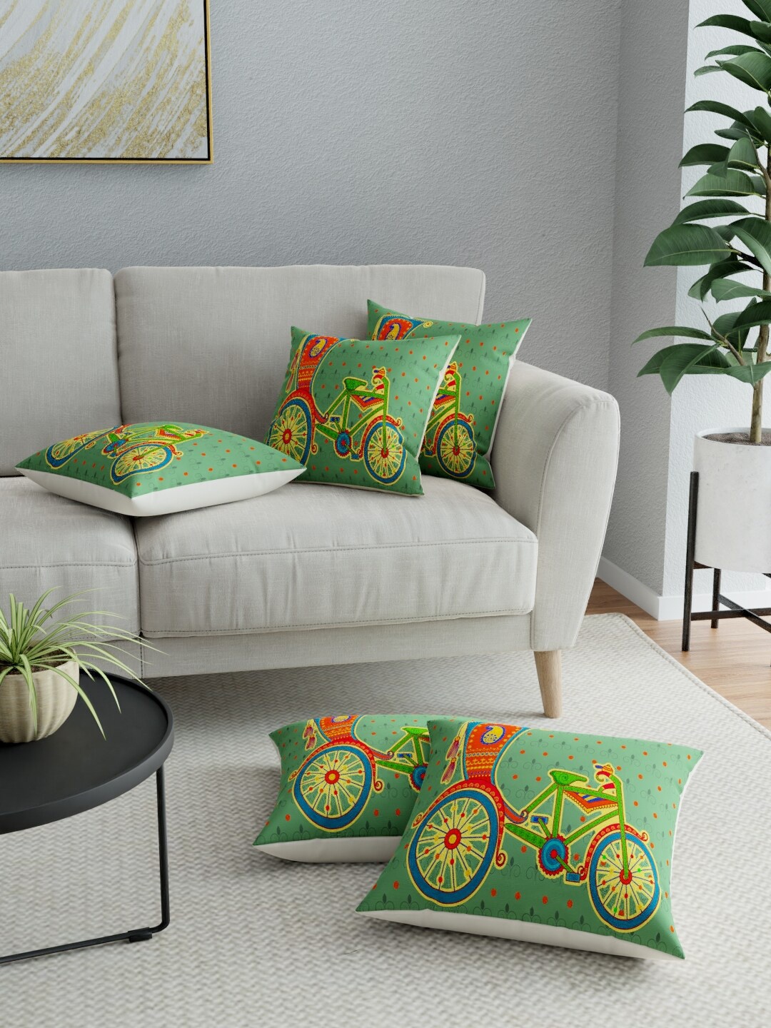 

LA VERNE Green & Red Set of 5 Ethnic Motifs Square Cushion Covers