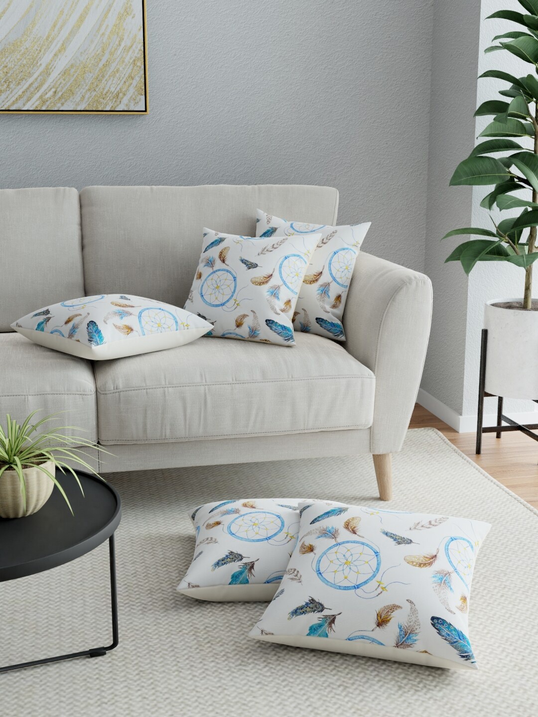 

LA VERNE White & Blue Set of 5 Ethnic Motifs Square Cushion Covers