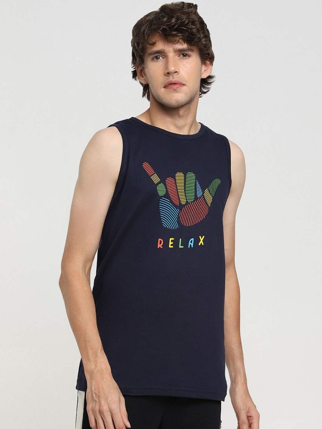 

Bewakoof Men Navy Blue Printed Pure Cotton Innerwear Vests