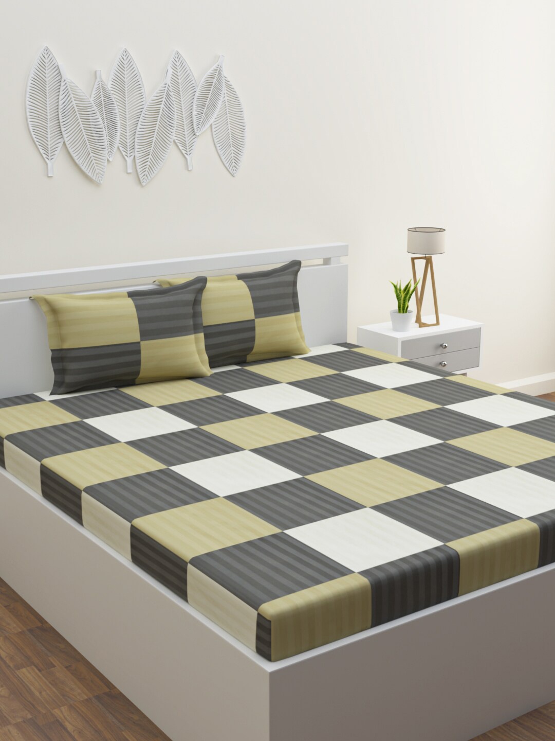 

HAPPY HUES Beige & Grey Geometric 600 TC King Bedsheet with 2 Pillow Covers