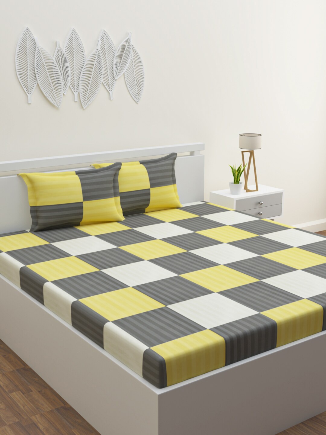 

HAPPY HUES Yellow & Grey Printed 600 TC King Size Superfine Bedsheet With 2 Pillow Covers