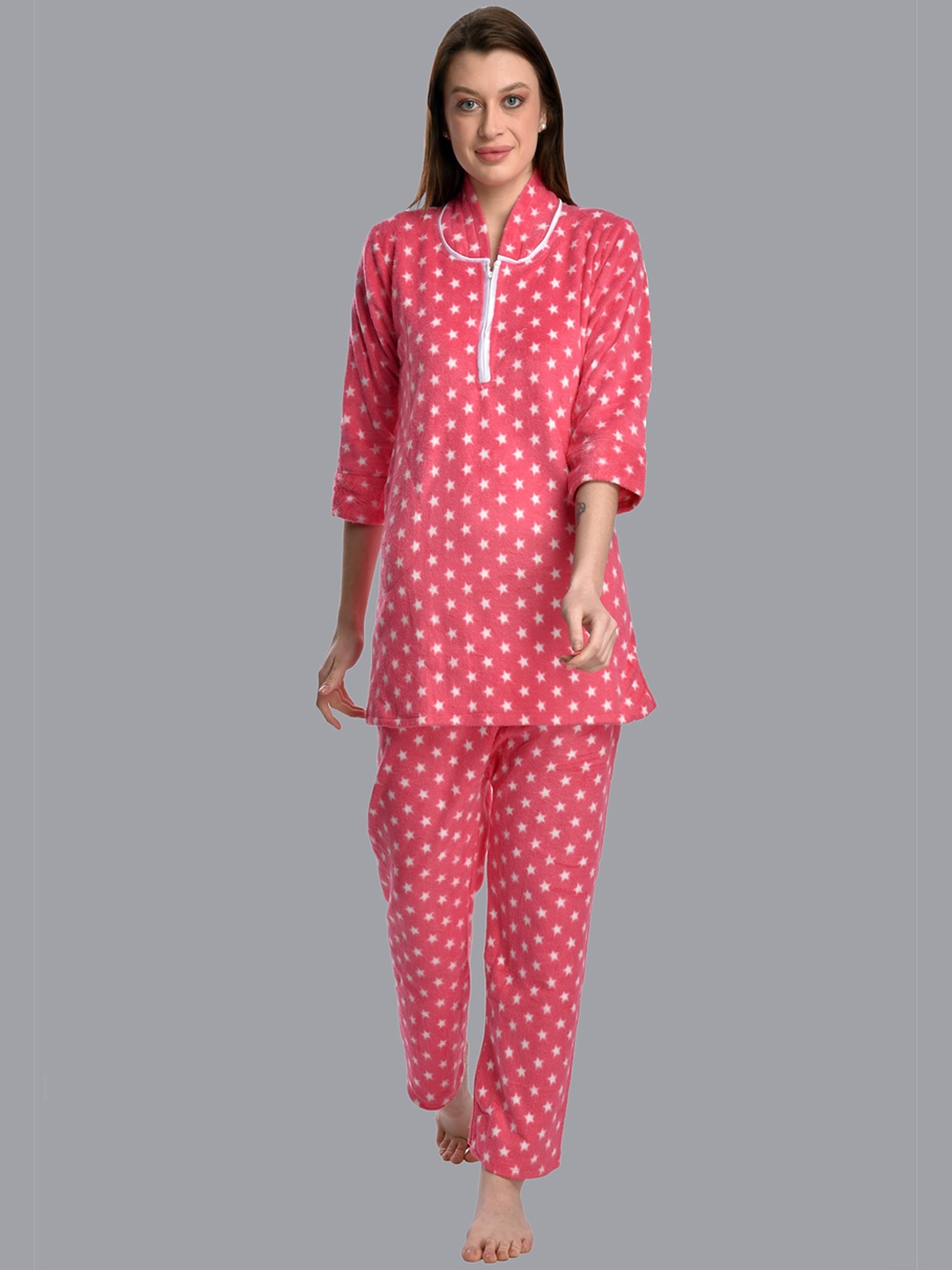 

CIERGE Women Pink & White Printed Night suit