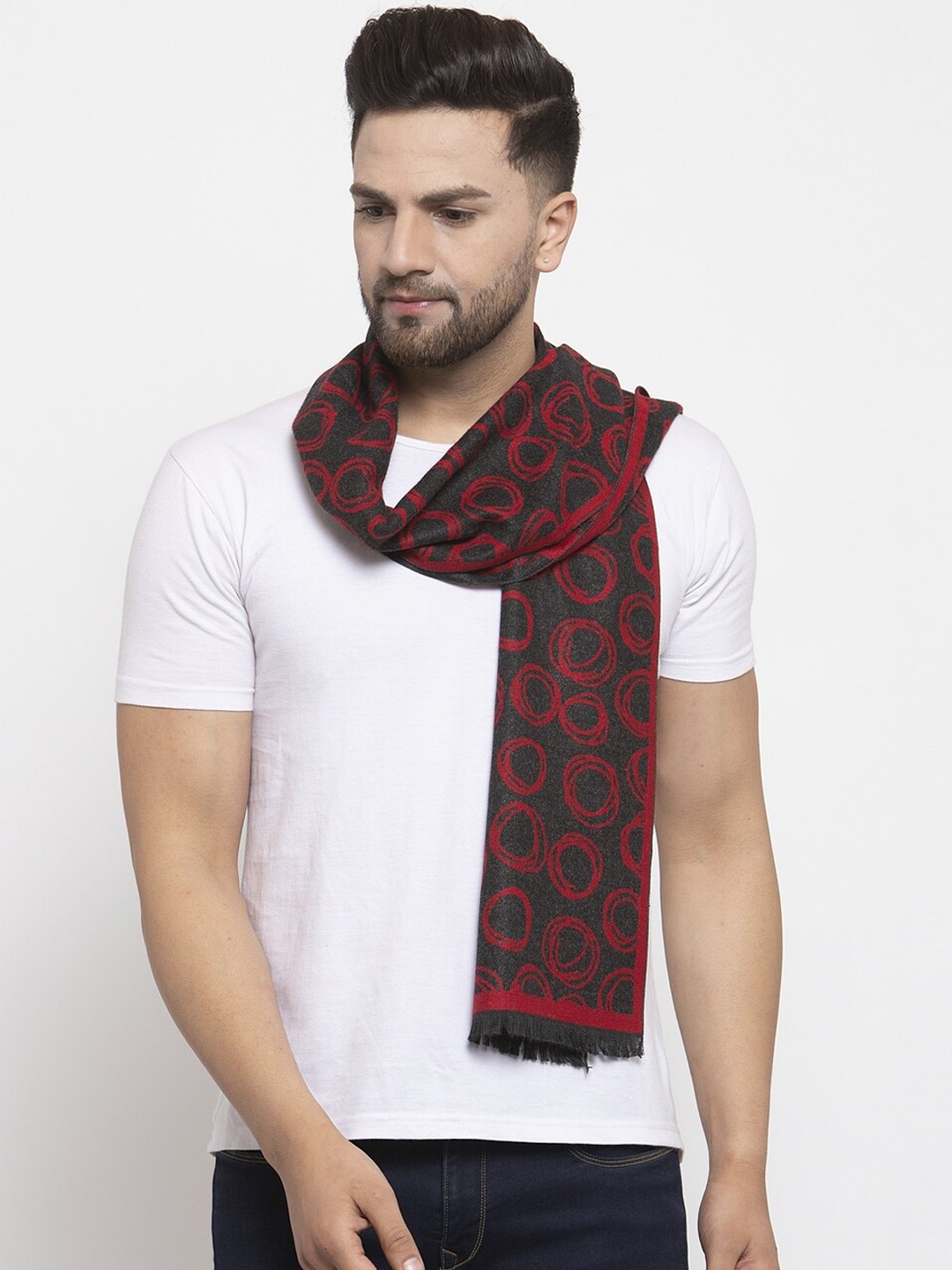 

MAXENCE Unisex Red & Grey Geometric Printed Muffler