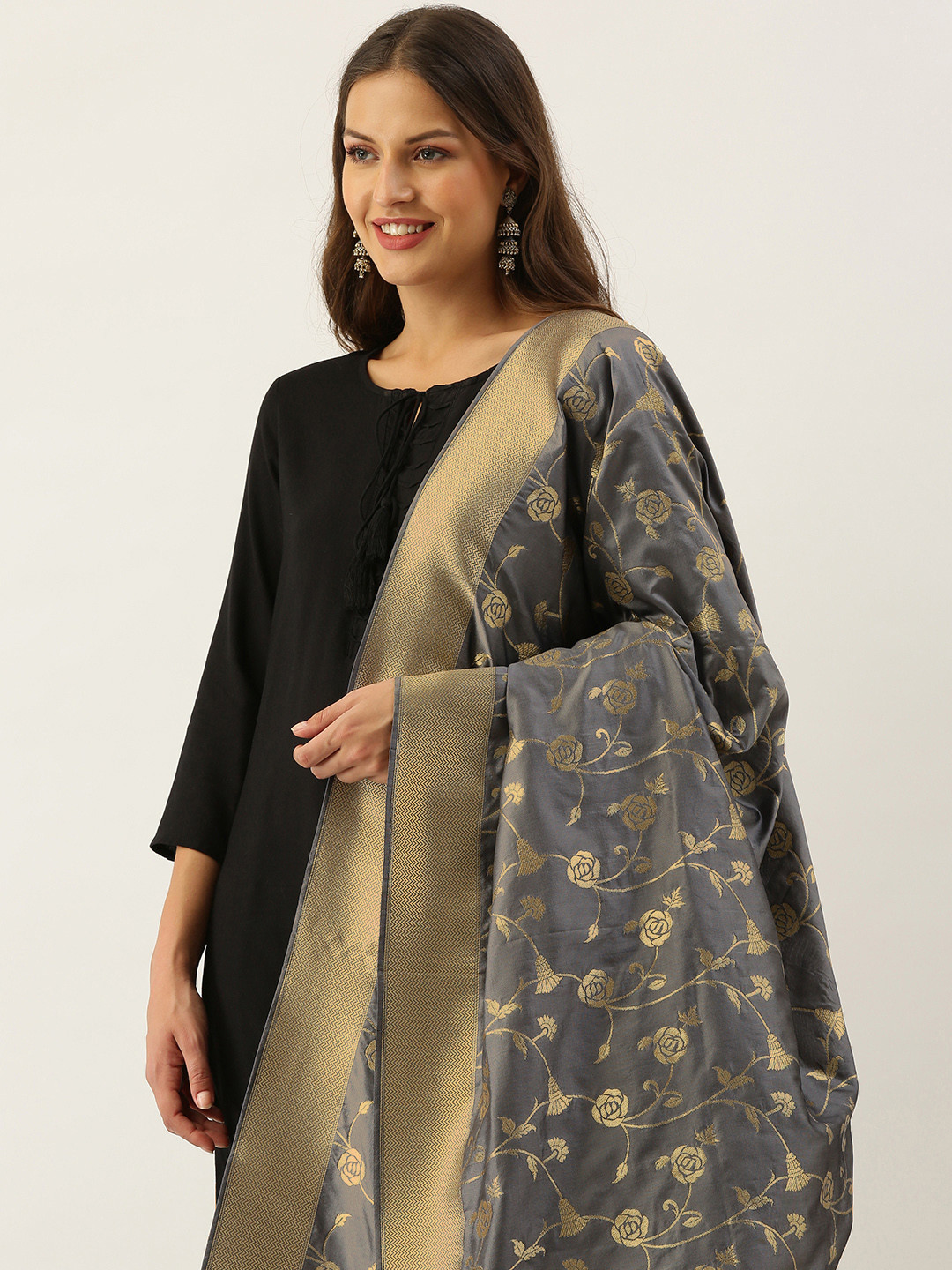 

SANGAM PRINTS Grey & Golden Ethnic Motifs Woven Design Dupatta with Tassel Border