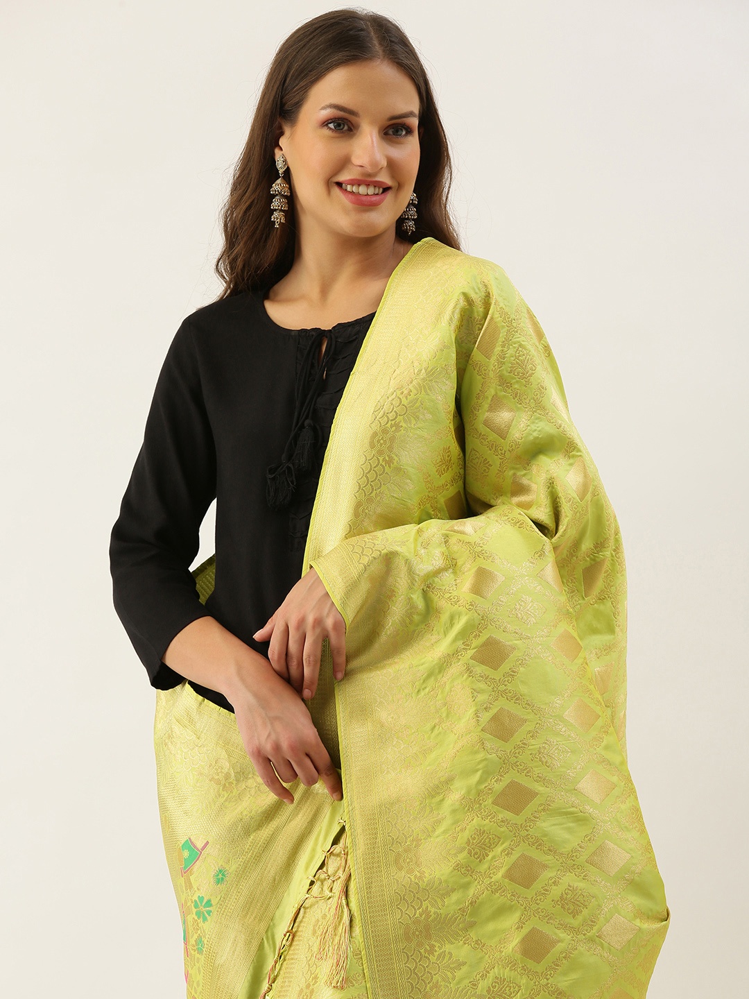 

SANGAM PRINTS Lime Green & Golden Ethnic Motifs Woven Design Dupatta with Tassel Border