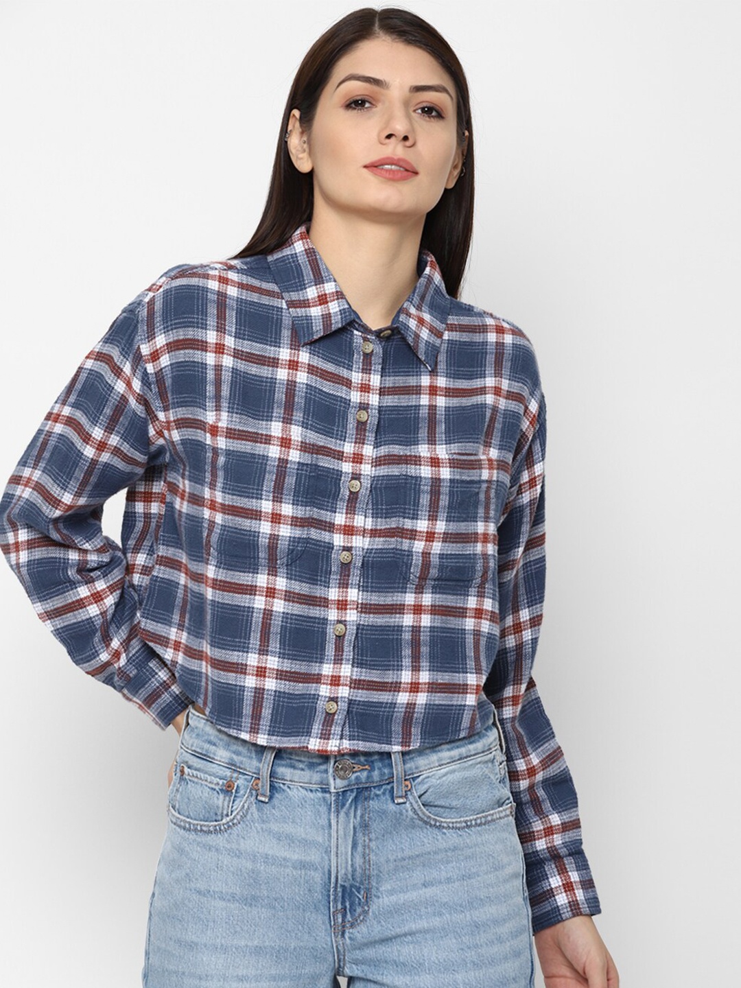 

AMERICAN EAGLE OUTFITTERS Women Blue Tartan Checks Checked Pure Cotton Casual Shirt