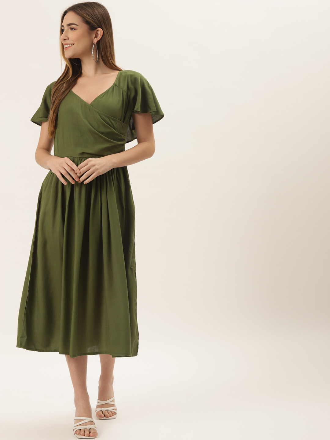 

Alsace Lorraine Paris Olive Green Flutter Sleeves Midi Dress