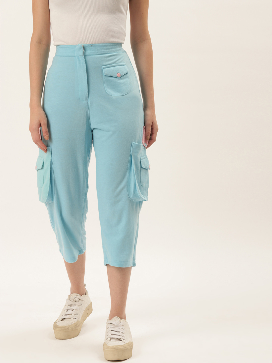

Alsace Lorraine Paris Women Turquoise Blue Solid Cotton Cargo Track Pant