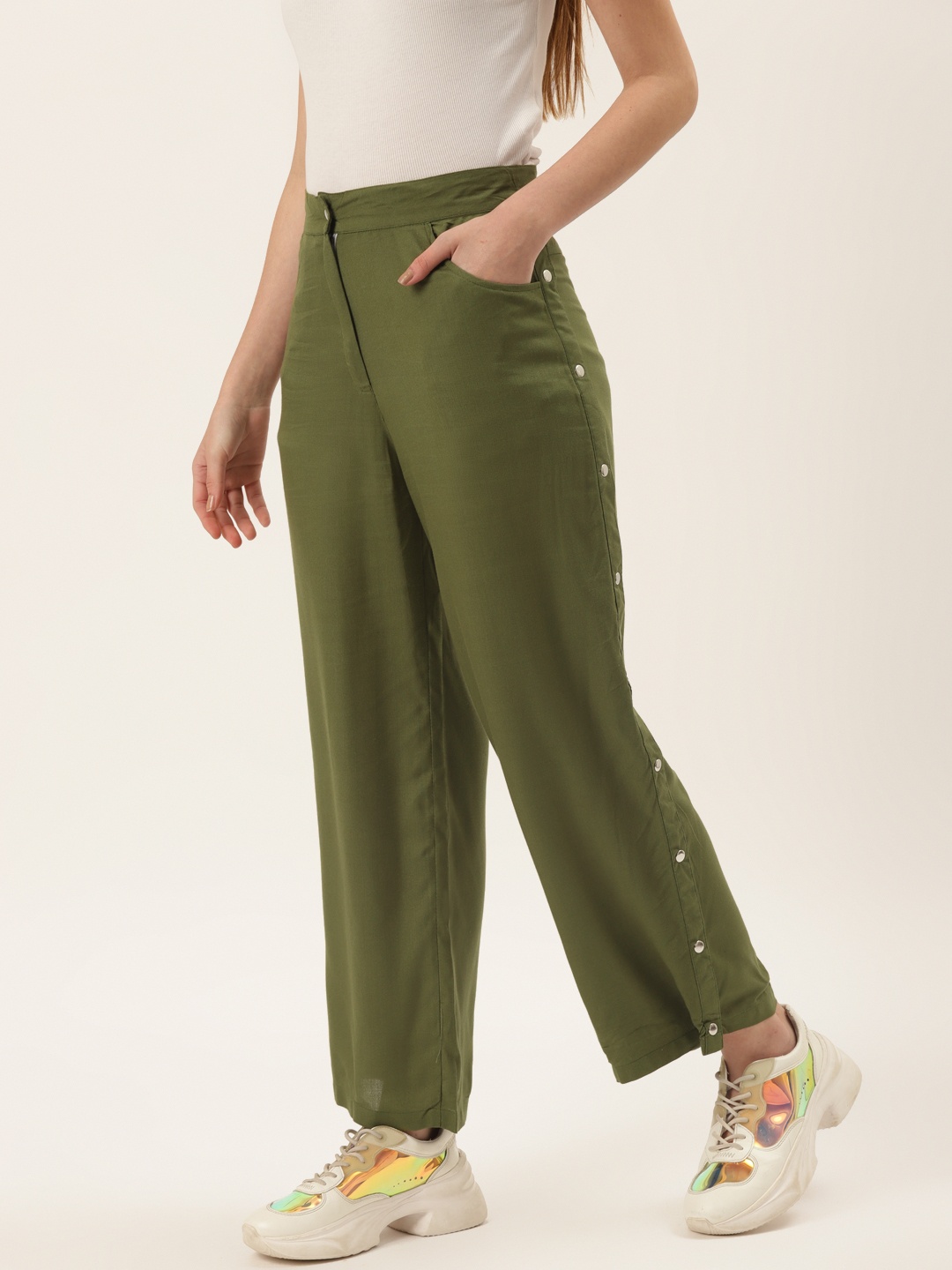Alsace Lorraine Paris Women Olive Green Smart Trousers
