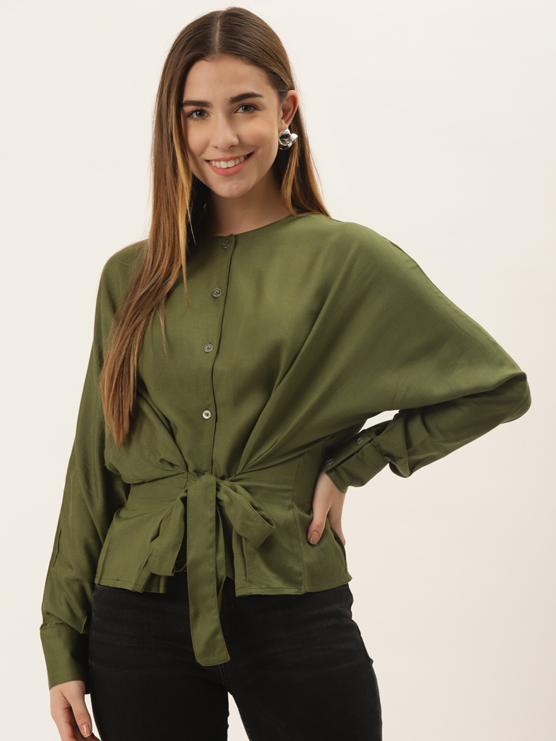 

Alsace Lorraine Paris Olive Green Cuffed Sleeves Top