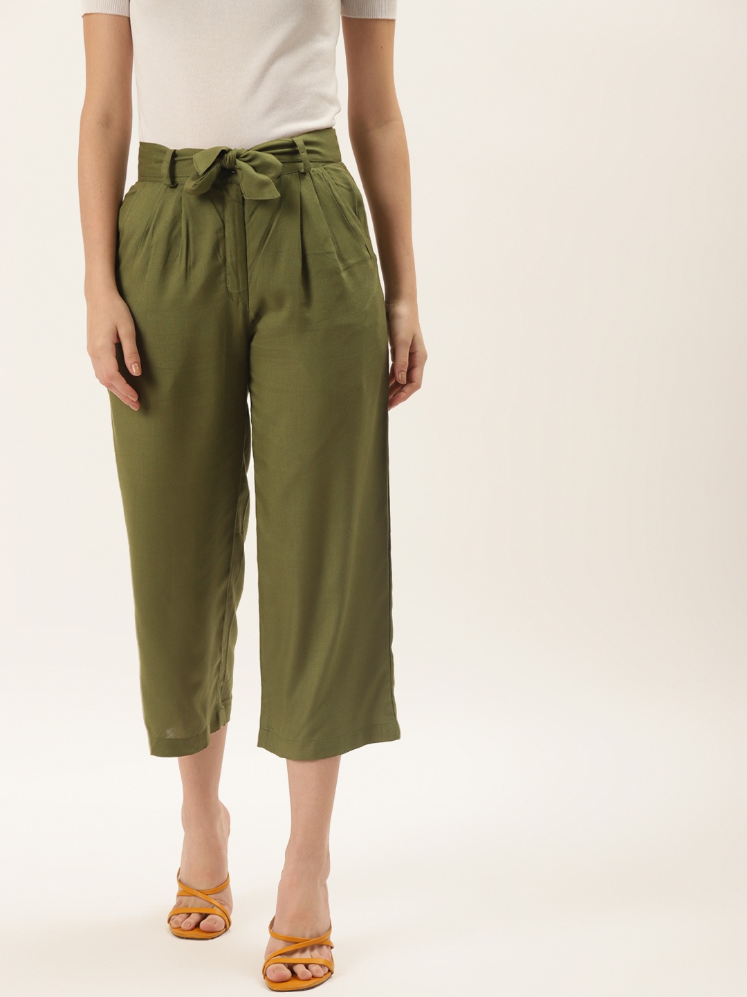 

Alsace Lorraine Paris Women Olive Green Smart Pleated Culottes Trousers