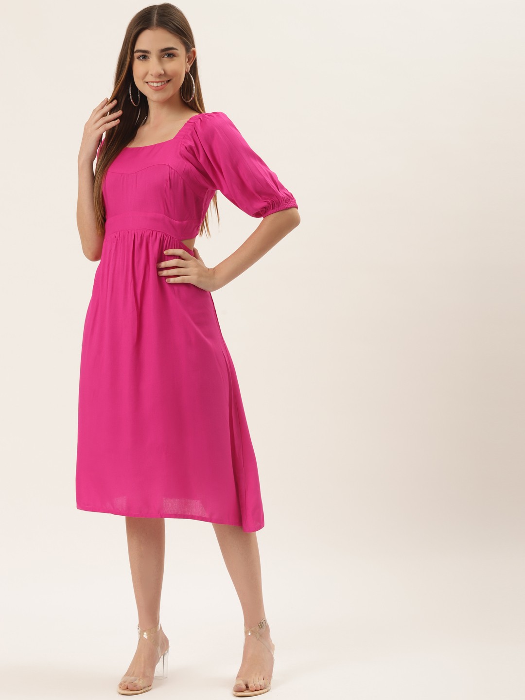 

Alsace Lorraine Paris Pink A-Line Puff Sleeves Midi Dress