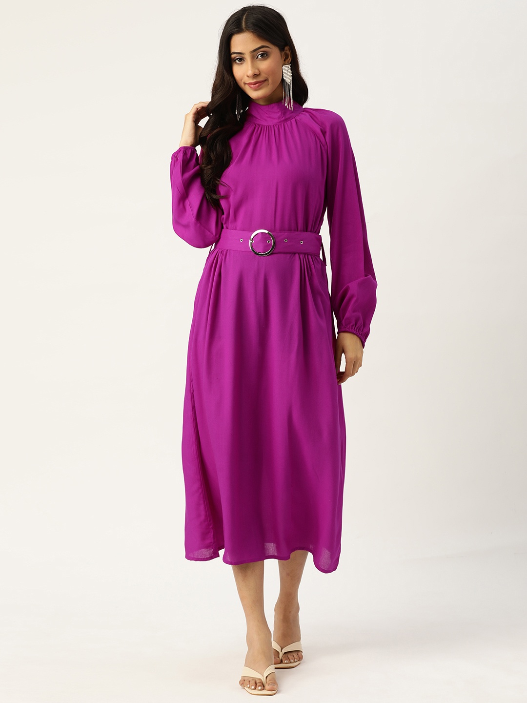 

Alsace Lorraine Paris Purple A-Line Midi Dress with a Belt