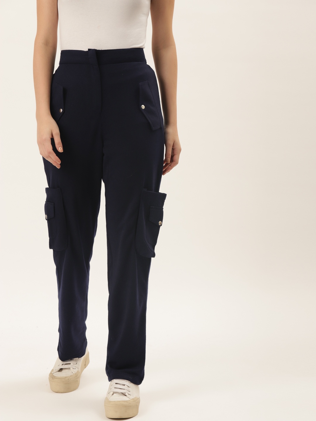 Alsace Lorraine Paris Women Navy Blue Solid Cotton Cargo Track Pants