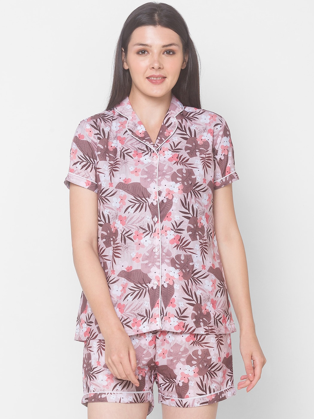 

FashionRack Women Beige & Pink Printed Pure Cotton Night suit