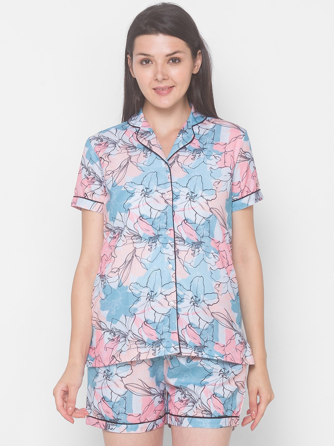 

FashionRack Women Blue & Pink Printed Pure Cotton Night suit