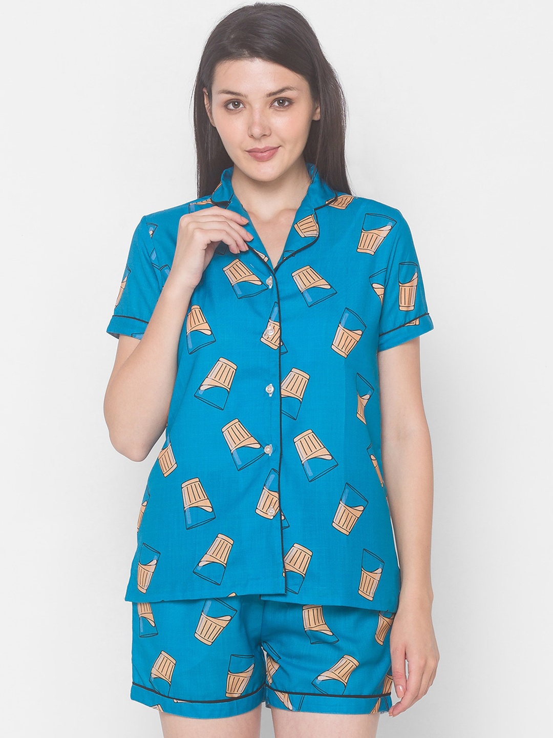 

FashionRack Women Blue & Beige Printed Night suit
