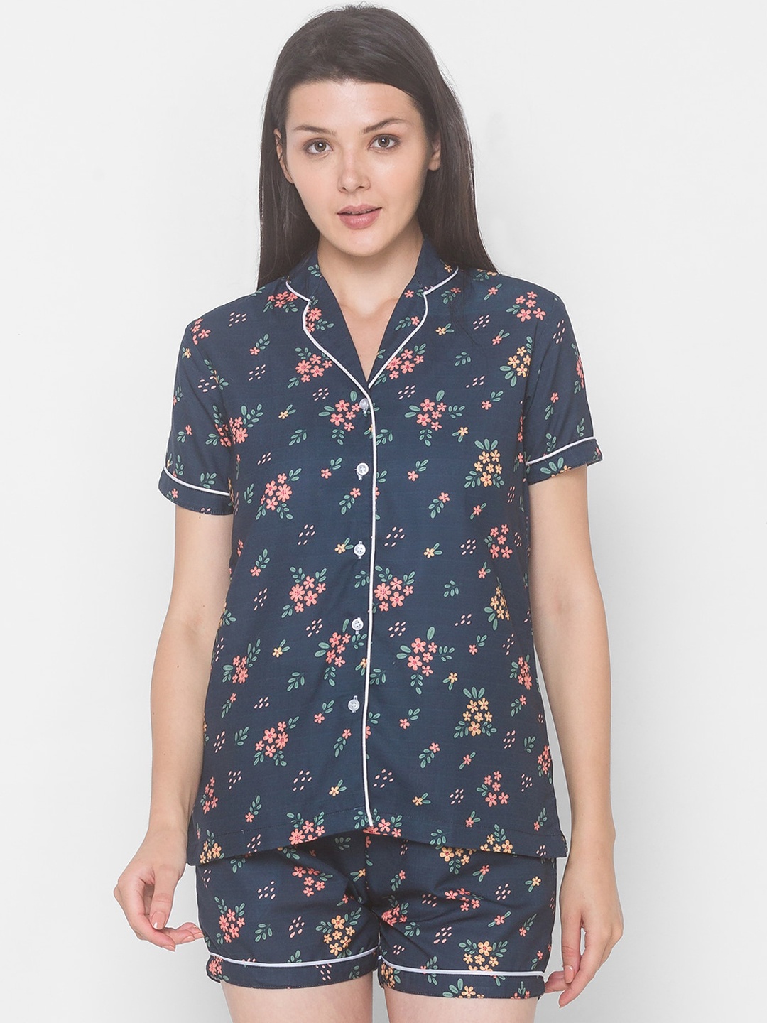 

FashionRack Women Navy Blue & Pink Floral Printed Night Suit