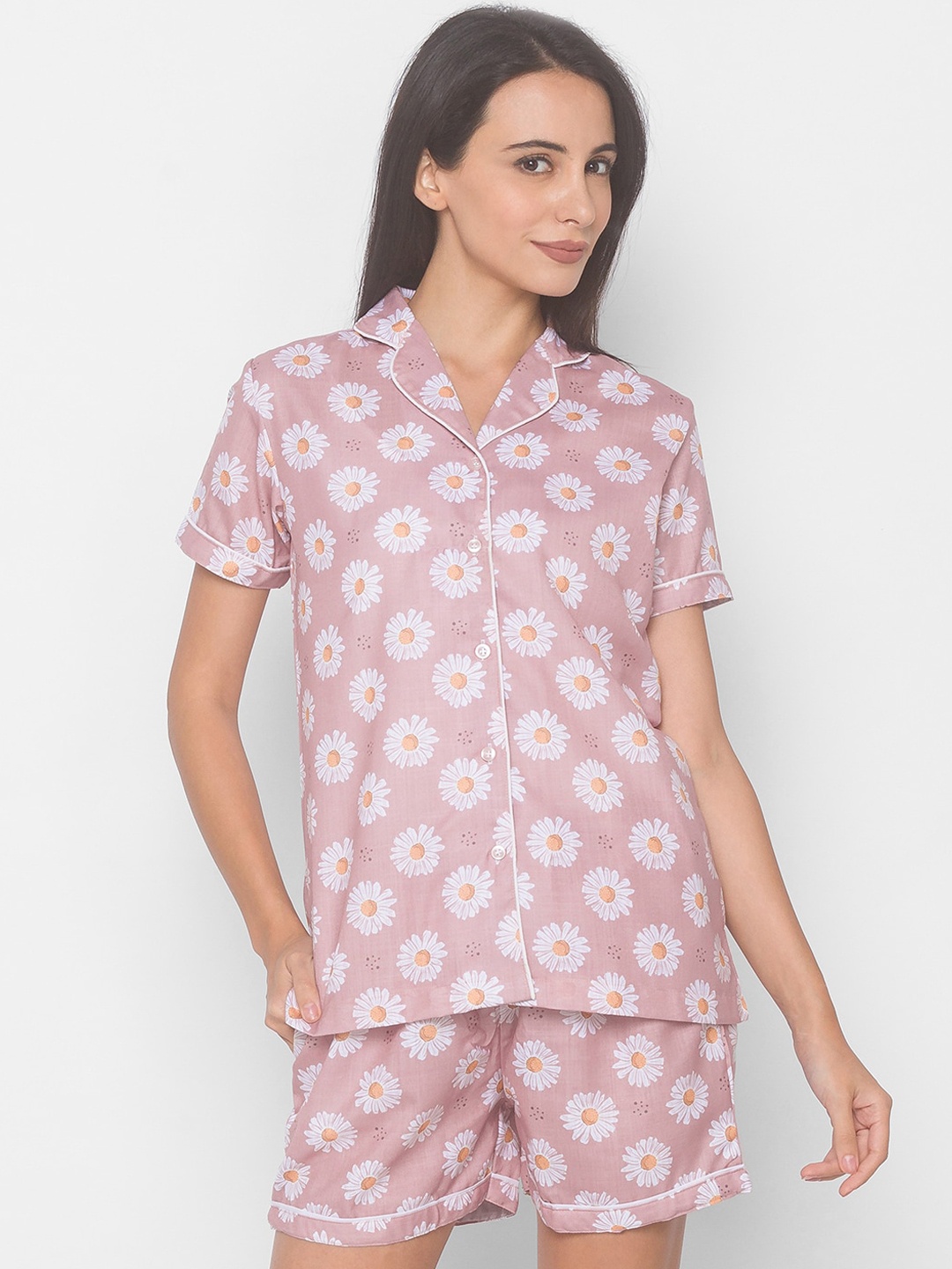 

FashionRack Women Pink & White Floral Printed Pure Cotton Night Suit